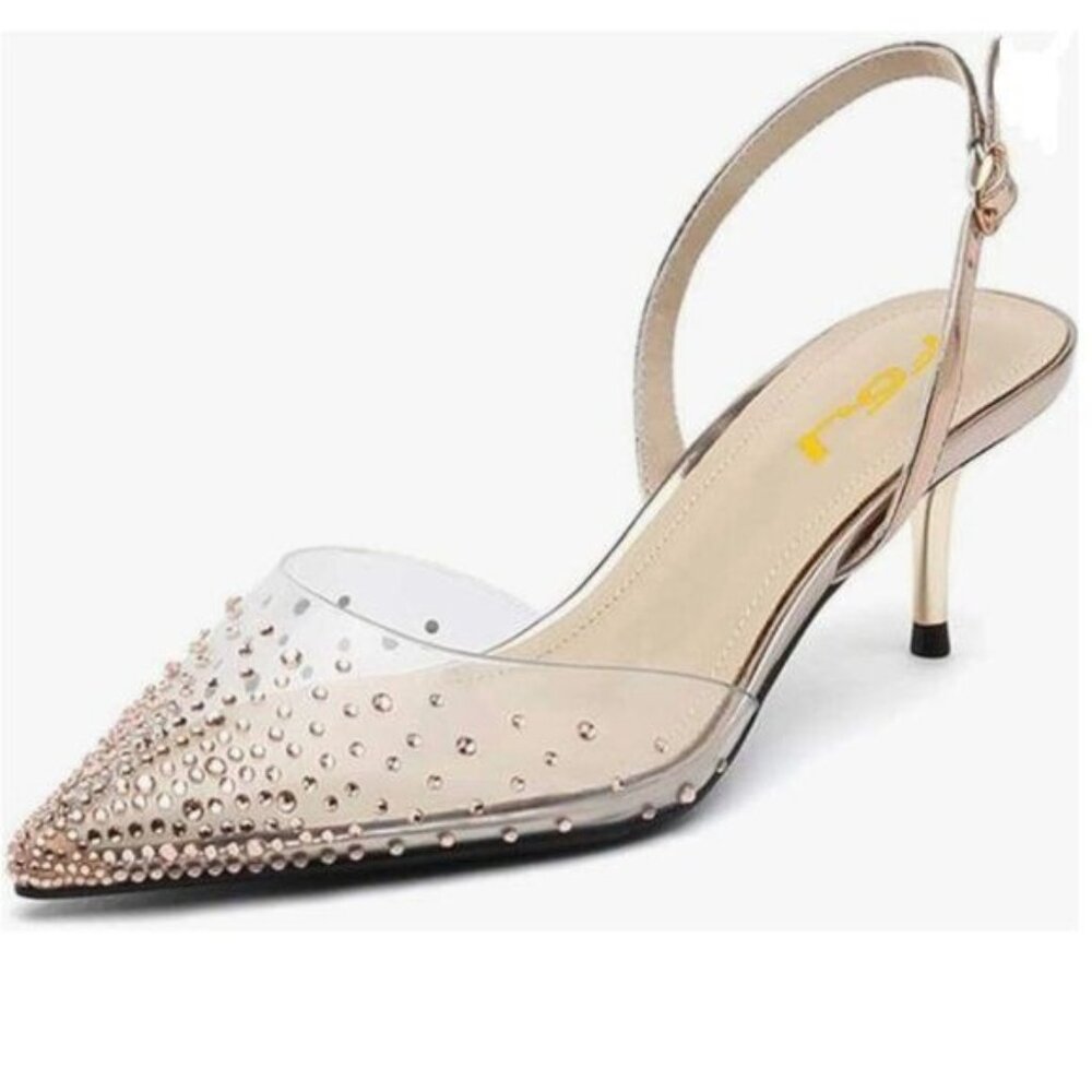 FSJ Champagne Crystal Studded Clear Pumps Sparkle Slingback Low Heel Sandals